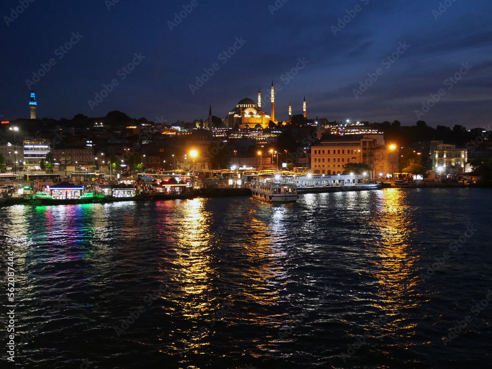 Wide angle towards the Suleymaniye Mosque at night.  Istanbul skyline.