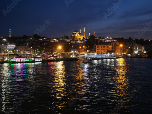 Wide angle towards the Suleymaniye Mosque at night. Istanbul skyline.
