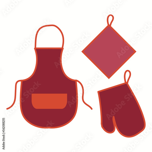 Vector Oven mitt and oven mitt and apron hanging on the rack on hooks Vector