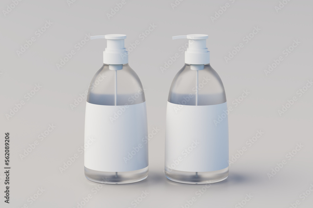 Transparent Plastic Pump Bottle Mock Up, Liquid Soap, Shampoo Dispenser. Two bottles. 3D Rendering Transparent Plastic Pump Bottle Mock Up, Liquid Soap, Shampoo Dispenser. Two bottles. 3D Rendering