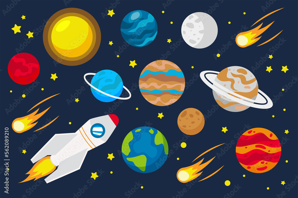 Space planets isolated elements set in flat design. Bundle of Sun, Moon, Mars, Earth, Saturn, Mercury, Venus, Jupiter, Uranus and Neptune in starry night sky, rocket and comets. Space planets isolated elements set in flat design. Bundle of Sun, Moon, Mars, Earth, Saturn, Mercury, Venus, Jupiter, Uranus and Neptune in starry night sky, rocket and comets.