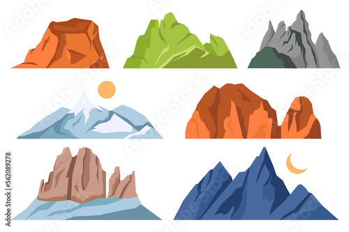 Mountains isolated elements set in flat design. Bundle of different shapes mountains with peaks, hill tops, terrain rocks for landscape scenery of hiking, climbing, expedition.