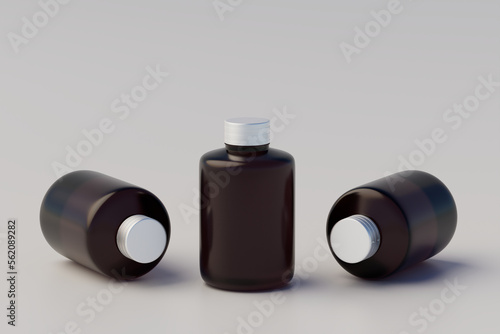 Cold Brew Coffee Amber. Brown Small Glass Bottle Packaging Mockup multiple Bottles. 3D Rendering