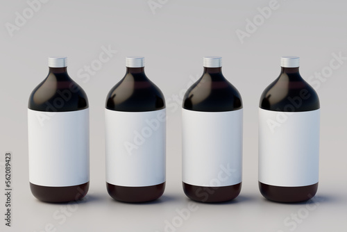 Minimalistic concept. Cold Brew Coffee Amber. Brown Large Glass Bottle Packaging Mockup. Multiple Bottles. Blank Label. 3D Rendering