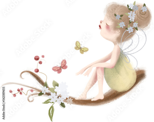 Cute and beautiful hand painted watercolor fairy, mystic and whimsical, enchanted forest creature. Childrens book fairytale, tale illustration, clipart