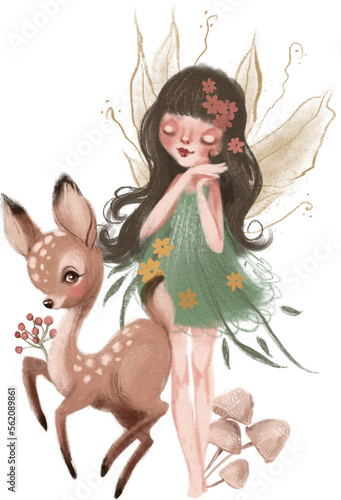 Cute and beautiful hand painted watercolor fairy, mystic and whimsical, enchanted forest creature. Childrens book fairytale, tale illustration, clipart