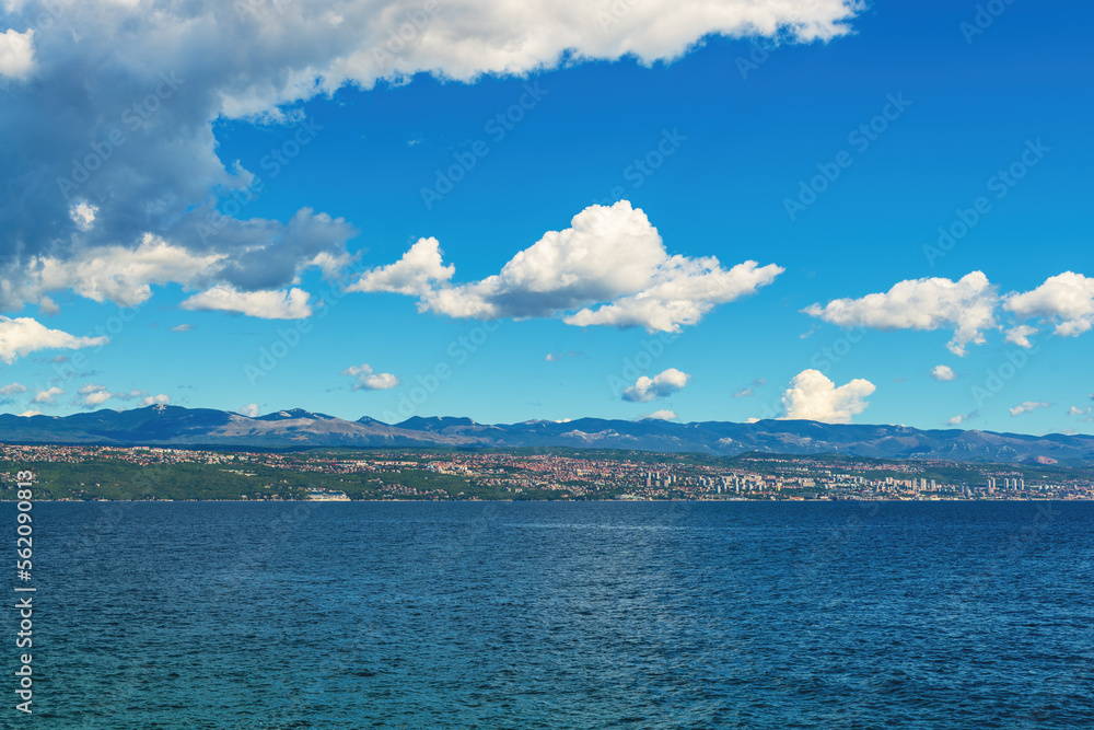 Town of Rijeka on Croatian Adriatic sea coastline seen from the Kvarner gulf shoreline and town of Lovran