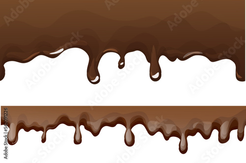 Chocolate splash, creamy brown drip in cartoon style isolated on white background. Smooth wave of flowing melted chocolate, cocoa or chocolate dessert.