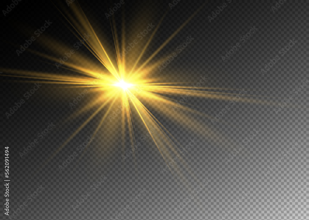 The dust sparks and golden stars shine with special light. Vector sparkles on a transparent background. Christmas light effect.