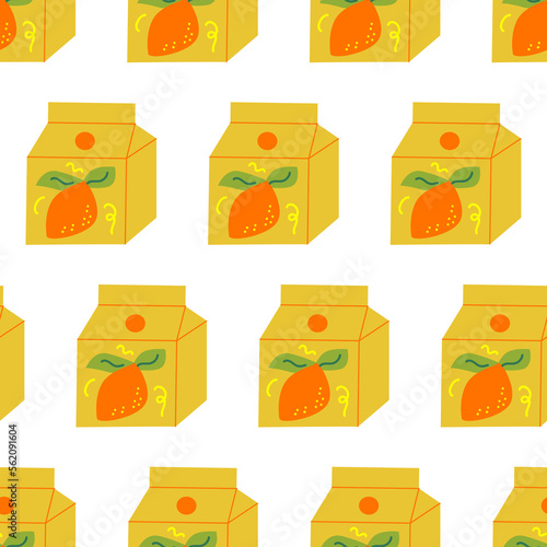 Seamless pattern with kawaii asian drinks with orange fruit flavor. Packet of juice or milk box. Cute vector flat background