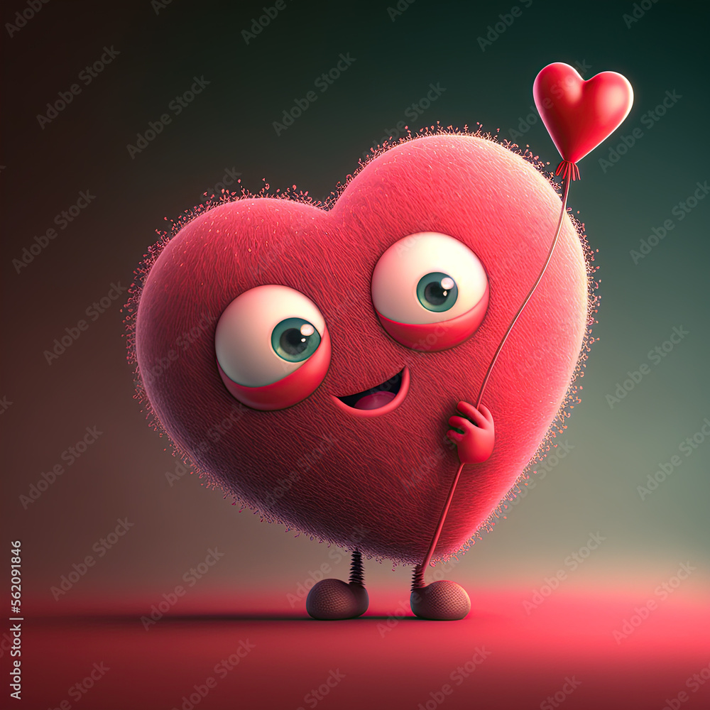 Cute valentines heart. Valentines day card. Adorable heart cartoon character - obrazy, fototapety, plakaty 