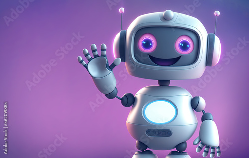 Cute robot waving hand with a smile over minimal background with copy space, generative AI illustration