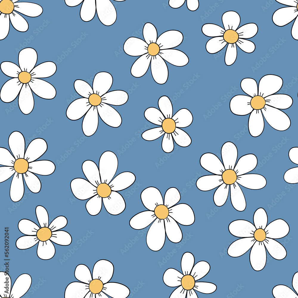 Seamless floral pattern based on traditional folk art ornaments. Colorful chamomile, daisy flowers on color background. Doodle style. Vector illustration. Simple minimalistic pattern Seamless floral pattern based on traditional folk art ornaments. Colorful chamomile, daisy flowers on color background. Doodle style. Vector illustration. Simple minimalistic pattern