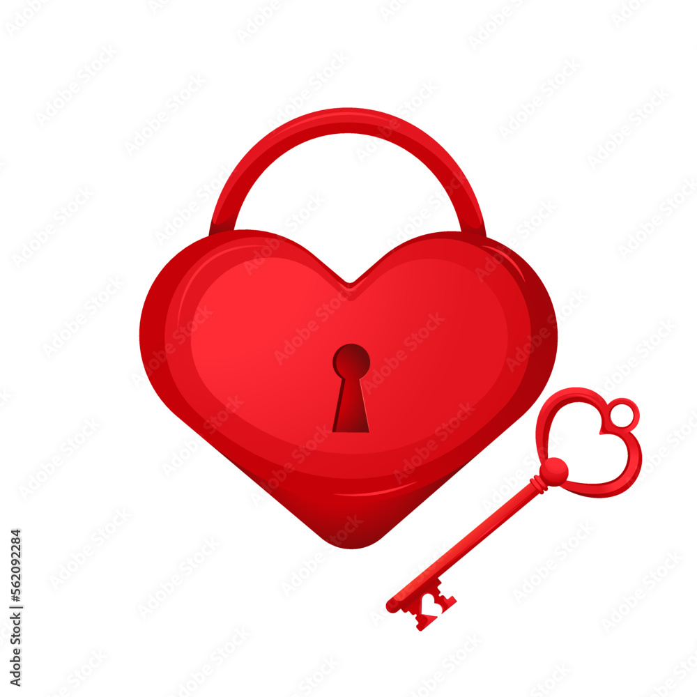 Red heart-shaped lock and key.Design elements for Valentine's Day, wedding.A symbol of love.Vector illustration Red heart-shaped lock and key.Design elements for Valentine's Day, wedding.A symbol of love.Vector illustration