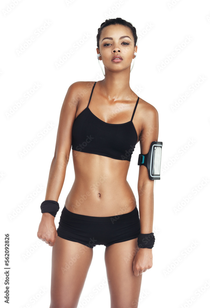 Music, fitness and sports with woman and phone for workout, health and cardio training. Podcast, mobile radio and motivation with isolated girl listening to earphones for exercise, streaming and goal Music, fitness and sports with woman and phone for workout, health and cardio training. Podcast, mobile radio and motivation with isolated girl listening to earphones for exercise, streaming and goal