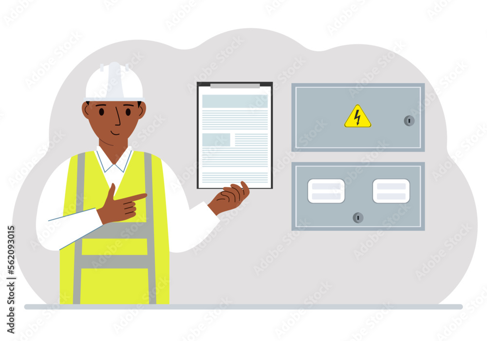 A male electrical engineer holds a clipboard with a contract and stands next to an electrical cabinet. The concept of a contract for service, connection of electricity or hiring a specialist. A male electrical engineer holds a clipboard with a contract and stands next to an electrical cabinet. The concept of a contract for service, connection of electricity or hiring a specialist.