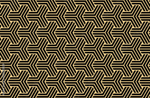 Abstract geometric pattern with stripes, lines. Seamless vector background. Gold and dark blue and gray ornament. Simple lattice graphic design