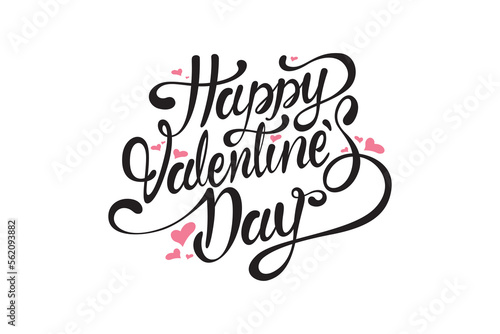 Happy Valentine's Day Text Design, Vector Black and white, Handwriting, Banner With Pink Heart