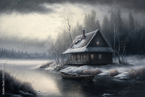 Leinwand Poster Lake and boathouse in picturesque winter landscape, painting style created with