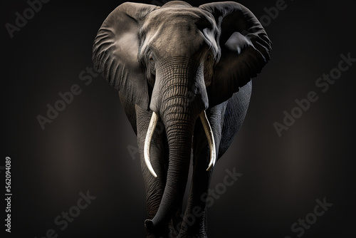 Big elephant with tusks on black background. Ai generated art