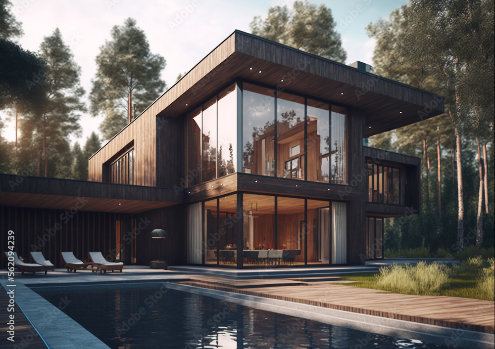 Obraz premium Modern wooden house with pool, real estate of billionaires. Ai generated art