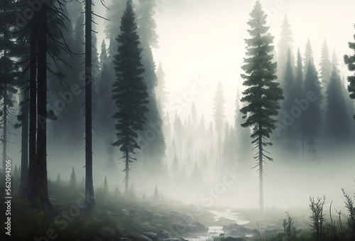Pine forest with fog seen from drone. Ai generated art