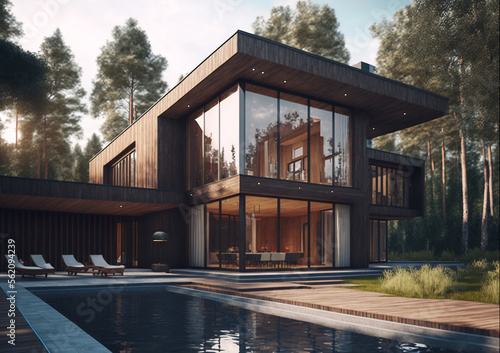 Modern wooden house with pool, real estate of billionaires. Ai generated art