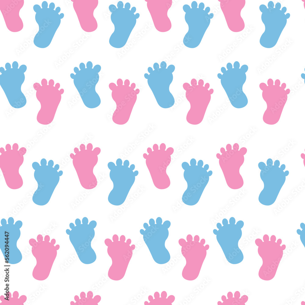 Obraz premium Baby footprint pink and blue seamless pattern.Baby footprint silhouette icon isolated on white background. Baby shower.