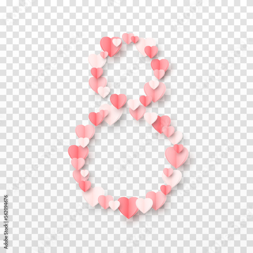 Vector multicolored paper hearts png. Paper confetti in the form of 8 png. Paper elements png. Hearts for March 8, Mother's Day.