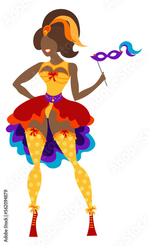 Mardi Gras Carnival girl in red and purple dress costume  holding a venetian mask. Masquerade cosplay New Orleans woman