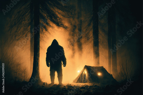 Bigfoot sillhouette outside tent created with Generative AI photo