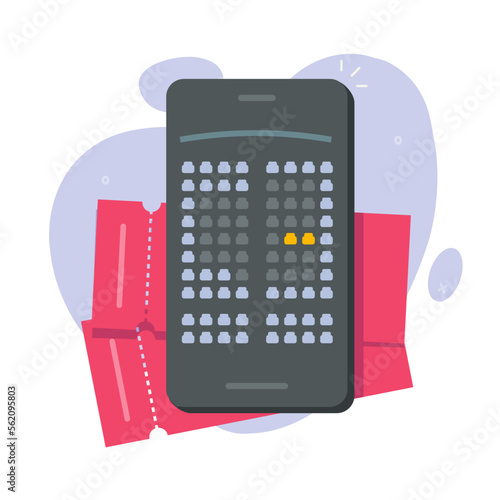 Seats cinema movie booking choose mobile app on cell phone screen vector, online theatre concert tickets buy ui interface design, top view above concert hall layout on cellphone smartphone image