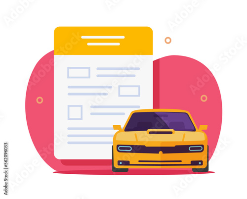 Car tax form claim application filing vector icon, auto insurance loan policy statement document flat illustration, vehicle automobile registration paper agreement, loan credit submission service photo