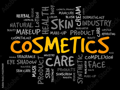 Cosmetics - mixtures of chemical compounds derived from either natural sources, or synthetically created ones, text concept background