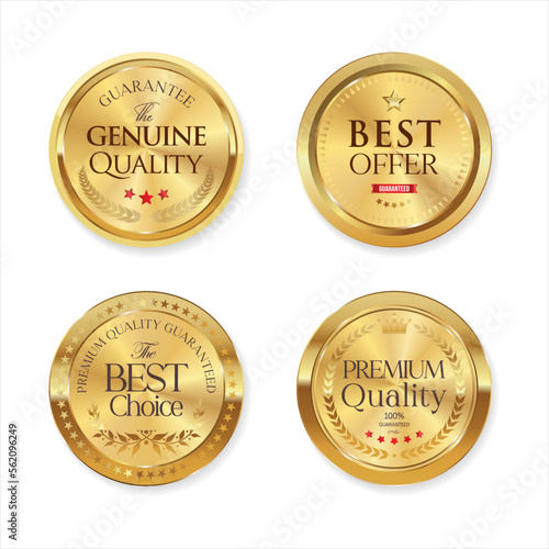 Collection of premium quality round polished gold metal badges on white background  