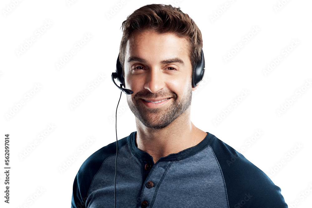 A handsome young man using a headset isolated on a PNG background. A handsome young man using a headset isolated on a PNG background.