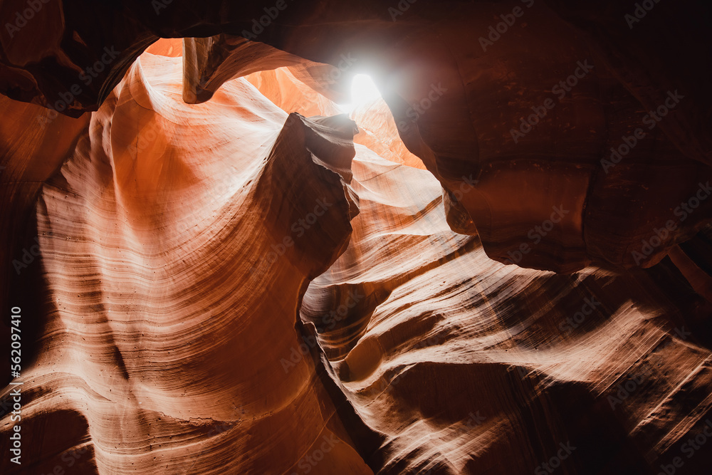 Glowing colors of Upper Antelope Canyon, the famous slot canyon in Navajo reservation near Page, Arizona, USA - obrazy, fototapety, plakaty 