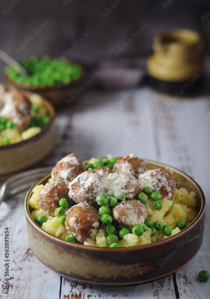 Swedish meatballs with mashed potato side dish - typical dish of Swedish cuisine Swedish meatballs with mashed potato side dish - typical dish of Swedish cuisine