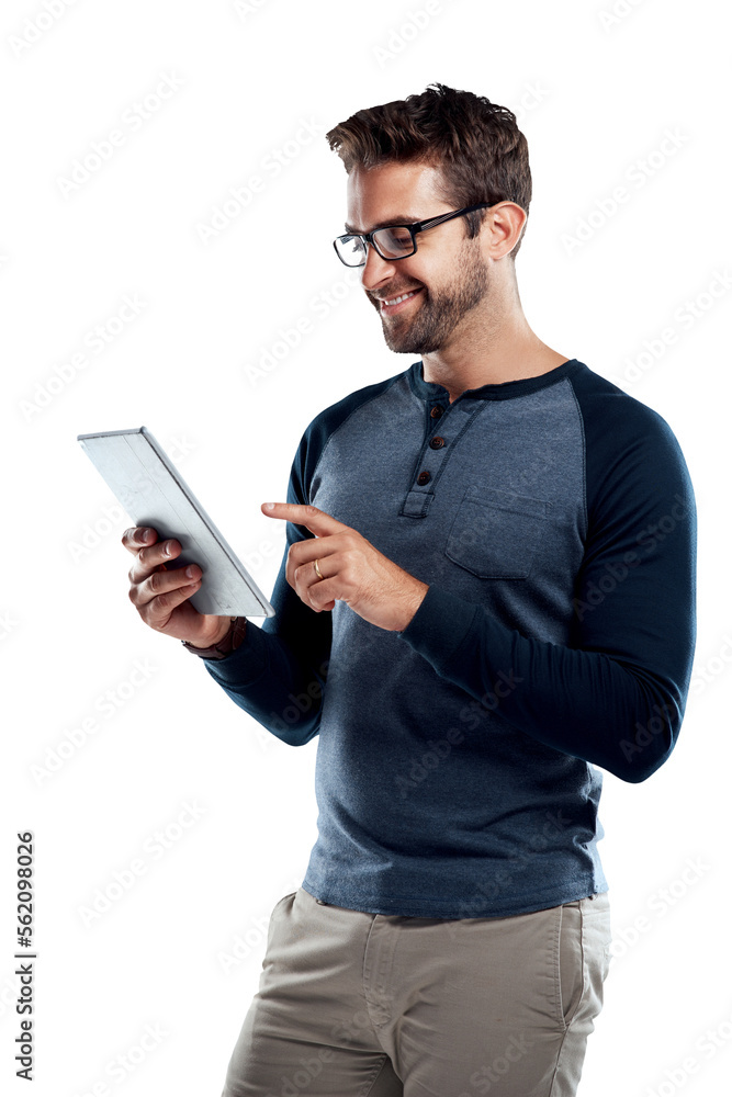 A handsome young man using a digital tablet isolated on a PNG background. A handsome young man using a digital tablet isolated on a PNG background.