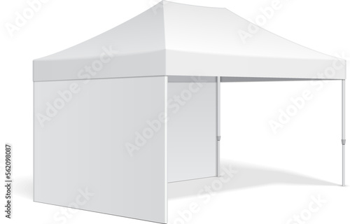 Mockup Promotional Advertising Outdoor Event Trade Show Pop-Up Tent Mobile Marquee. Illustration Isolated On White Background. Mock Up Template Ready For Your Design. Vector EPS10