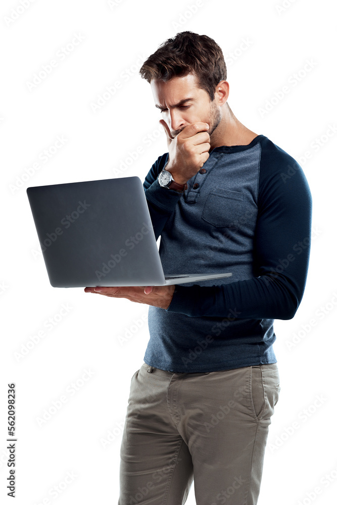 A handsome young man using a laptop and looking confused isolated on a PNG background. A handsome young man using a laptop and looking confused isolated on a PNG background.