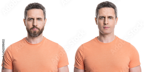 man face stubble comparison before and after in studio. man face stubble comparison