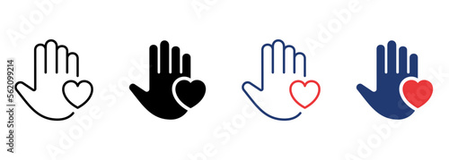 Palm of Hand and Heart Icon. Symbol of Volunteering Pictogram. Charity and Donation Concept. Shape of Heart and Hand Icon. Editable Stroke. Isolated Vector Illustration