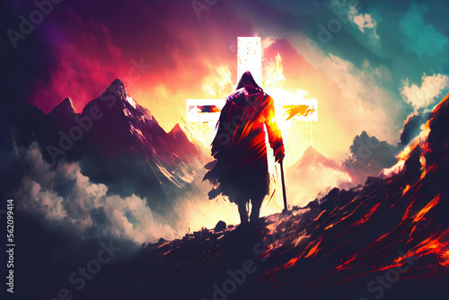 Jesus walking to the top of the mountain where the cross stands and the light falls on Calvary hill. at sunrise hope faith faith in jesus christ christianity Generative AI