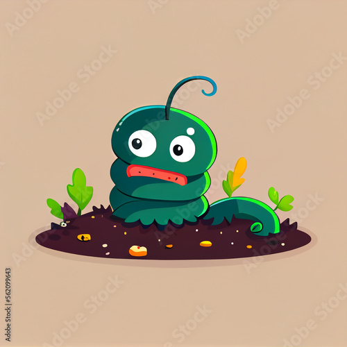 Cute worm character, cartoon green caterpillar, cute earthworm grub, larva, funny insect on compost or soil pile. Garden animal, adorable kawaii pest crawl, larva, bug flat 2d minimal illustration