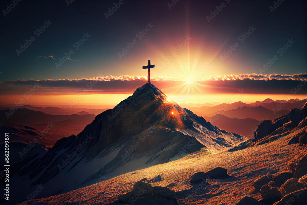 The cross sits at the top of the mountain, and the light shines on Calvary Hill. at sunrise concept of ascension day Christian Easter. Hope, Faith, Faith in Jesus Christ, Christianity Generative AI