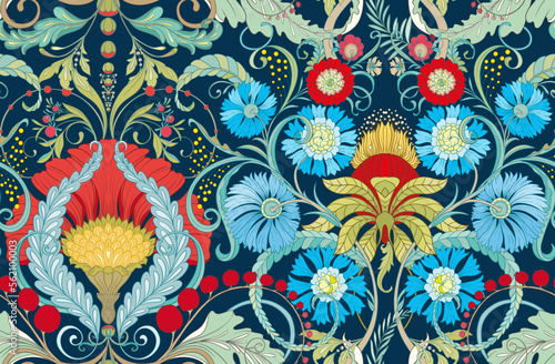 Decorative flowers and leaves in art nouveau style, vintage, old, retro style. Seamless pattern, background. Vector illustration.