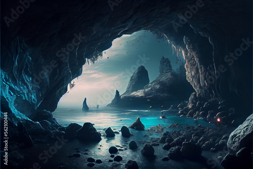 Cave in the ocean with blue...