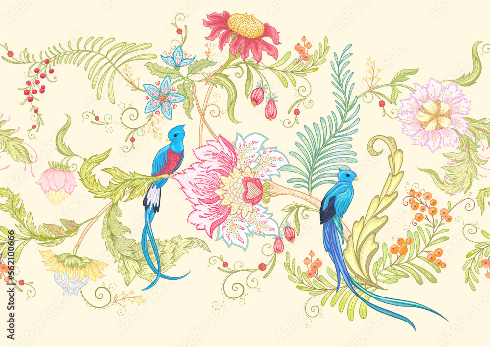Fantasy flowers with bird of paradise quezal, in retro, vintage, jacobean embroidery style. Seamless border pattern, linear ornament, ribbon Vector illustration.