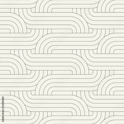 Seamless pattern. Geometric linear thin striped ornament. Stylish monochrome background. Vector repeating texture with winding linear tapes.